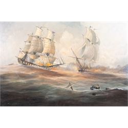 Michael J Whitehand (British 1941-): Naval Battle, oil on canvas signed 60cm x 90cm 