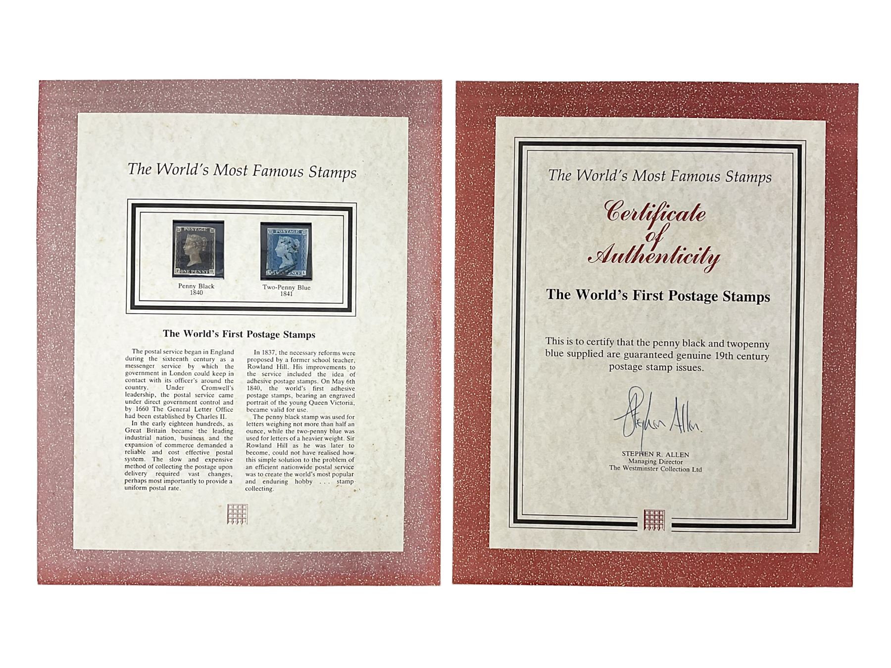 Queen Victoria 1840 penny black stamp, red MX cancel and 1841 two penny blue white lines added, with Westminster information sheet