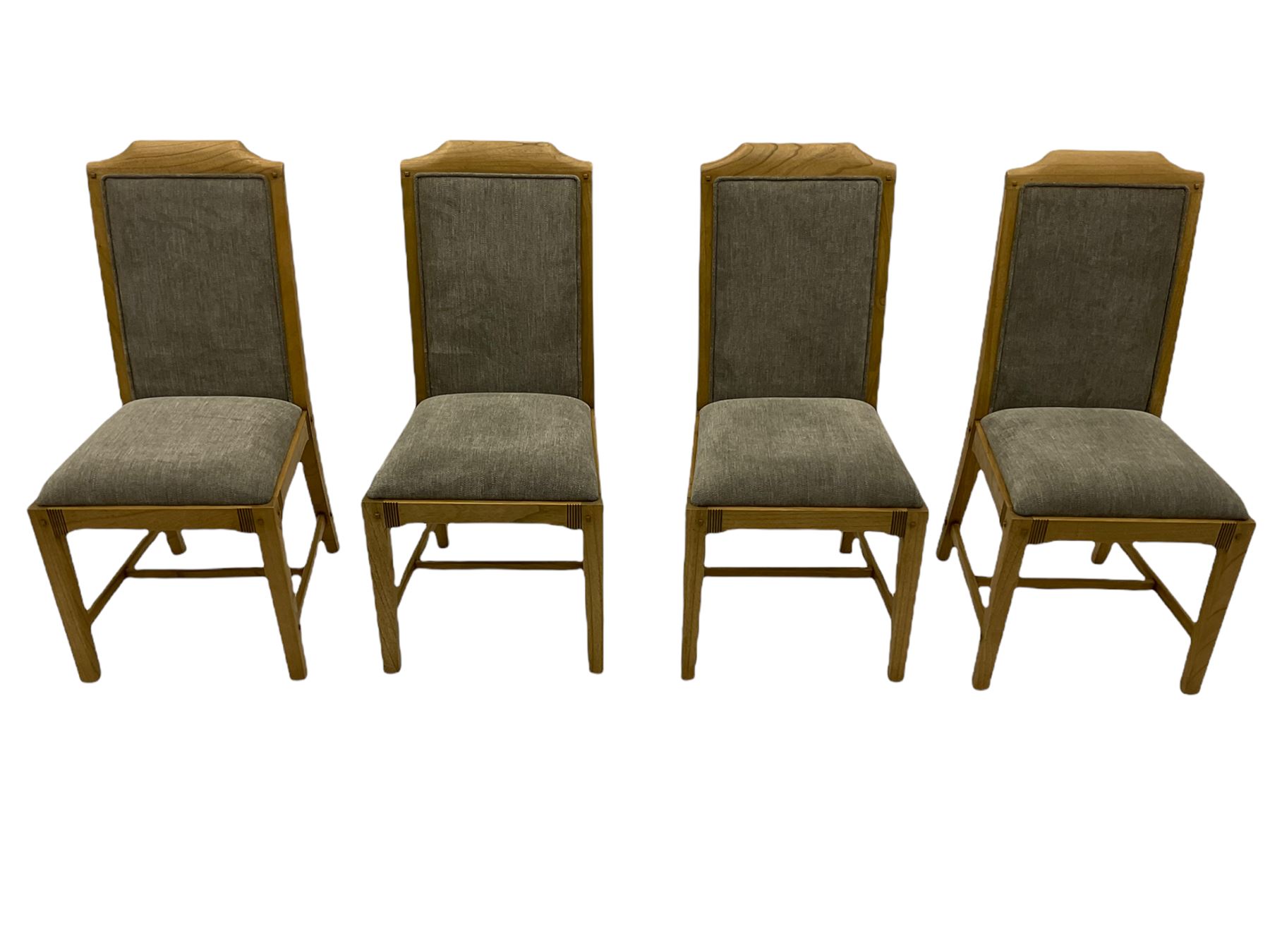 Windsor by Mark Devany oak rectangular extending dining table, with butterfly leaf, and four chairs with upholstered seats and backs