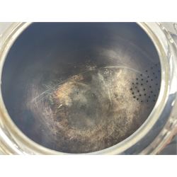 1920s five-piece silver tea service, comprising teapot, coffee pot, hot water pot, twin handled open sucrier and milk jug, each of squat circular form with shaped rim, the teapot, coffee pot and hot water pot each with ebonised handle and finial, the sucrier and milk jug with acanthus capped scroll handles, all upon circular foot, hallmarked R F Mosley & Co, Sheffield 1926 & 1927, tallest H24cm