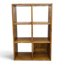 Indigo Furniture - rustic oak shelving unit with cupboard, five open shelves with a cupboard to the lower left, metal cup handles