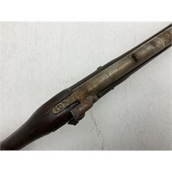 20th century Indian percussion military musket, approximately 20-bore, the 96.5cm barrel with three bands, the steel lock-plate marked 1862 Enfield, walnut full stock with brass fittings and under barrel ramrod channel L140.5cm overall