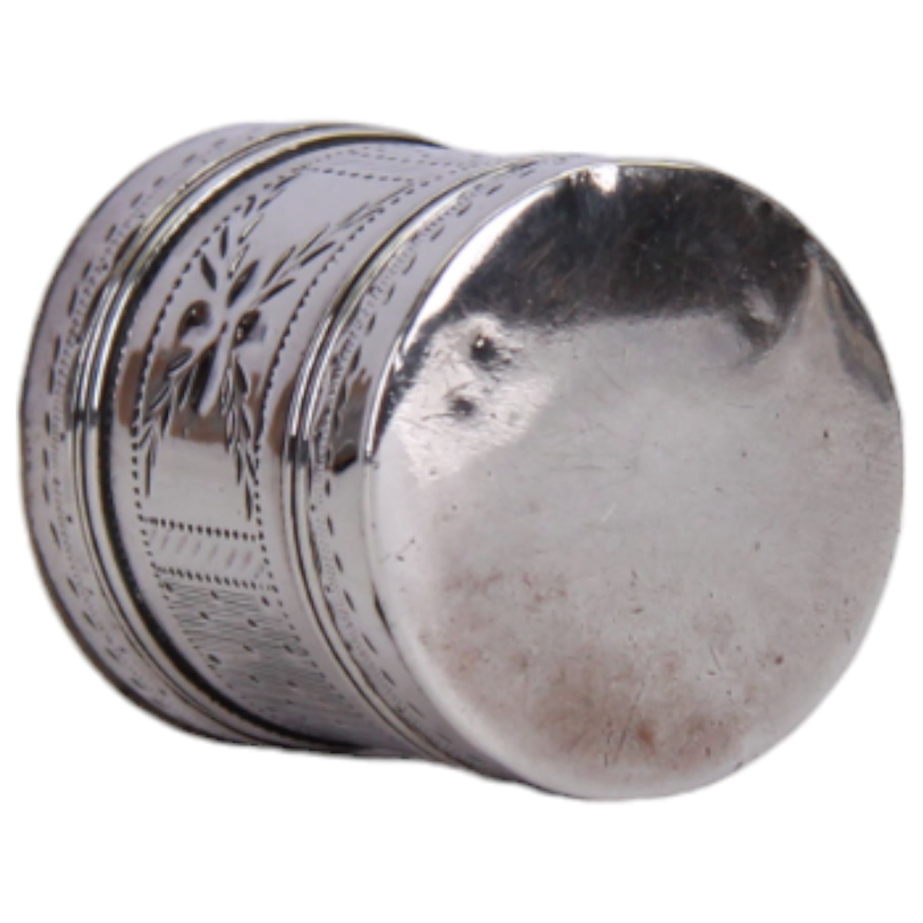 George III silver nutmeg grater, of cylindrical form with pull off cap and base, engraved with a foliate band, hallmarked Samuel Pemberton, Birmingham 1790, H3cm
