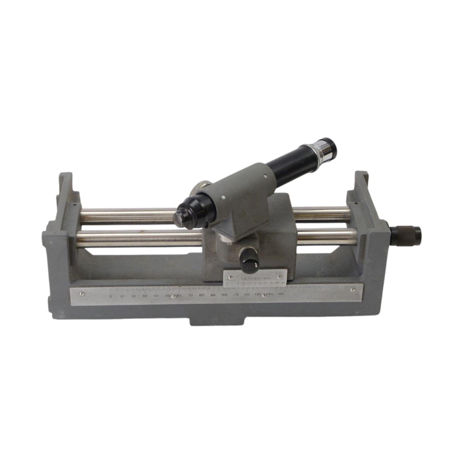 Three microscopes, including Griffin Student Vernier Microscope, Vickers Instruments binocular microscope with Leitz Wetzlar Periplan 10x lenses, and a Carl Zeiss Jena binocular microscope in a wooden Olympus Tokyo box