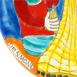 Giovanni DeSimone - two hand-painted mid-century plates, each incised and polychrome enamelled, signed to the front , larger plate D25cm