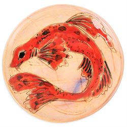 Monique Brunner - earthenware plates, decorated with fish and shellfish, upon a pink and cream ground, signed Vallauris beneath, six D20cm, one D24cm  