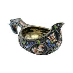 Late 19th century Russian silver kovsh, the body with polychrome cloisonne enamel floral decoration and turquoise enamel bead borders to base and handle, marked beneath with Kokoshnik mark, 84 standard, makers mark MC, possibly for Mikhail Fyodorovich Sokolov, L7cm, H3cm