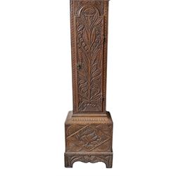 Robert Henderson of Scarborough -mid-18th century eight-day longcase clock c1750, with a flat topped pediment and broad cornice, carved frieze beneath and a square hood door flanked by detached pilasters with gesso capitals, profusely carved trunk with a break arch topped door on a square plinth raised on a shaped base, brass dial with a matted and engraved dial centre, cast spandrels and chapter with Roman numerals and five minute Arabic's, with a seconds dial and date aperture, dial pined directly to a rack striking movement with a recoil anchor escapement, sounding the hours on a bell. With weights and pendulum.
Robert Henderson was one of the first clockmaker recorded as working in Scarborough, b1678-d1756.

