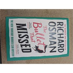 Eight first edition books, comprising signed Bob Mortimer 'And Away' autobiography, signed Richard Coles 'Murder Before Evensong' and six Richard Osman books, including 'The Thursday Murder Club' and 'The Last Devil To Die', with two Richard Osman signed bookplates