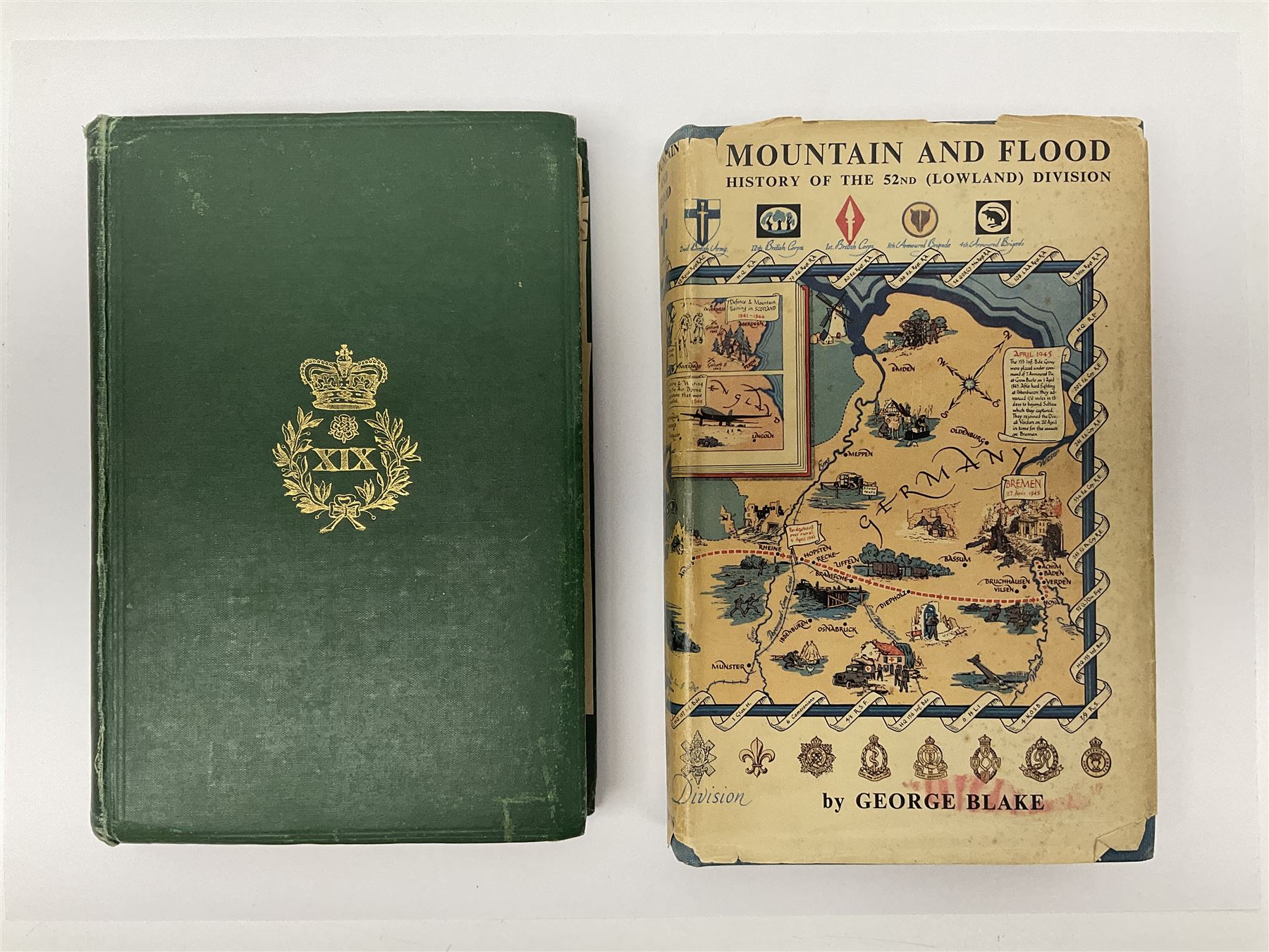 Hawker Lt. Col. P.: Instructions to Young Sportsmen in all that Relates to Guns and Shooting. 1833 7th edition. Re-bound in green cloth; Harting James Edmund: Hints on Shore Shooting.1871; Army Field Service Pocket Book. 1938. Contains numerous bound pamphlets; Ferrar Major M.L.: Officers of The Green Howards. 1920; Blake George: Mountain & Flood - History of the 52nd Lowland Division. 1950; and XV International Brigade. 1975 (6)