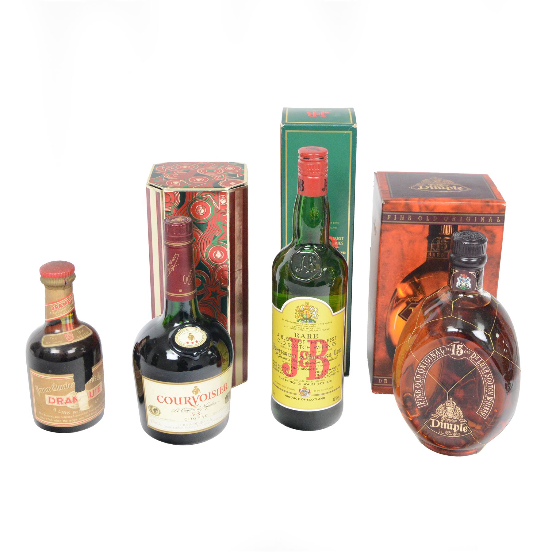 Mix alcohol; Dimple De Luxe Scottish whisky, J & B blended scotch whisky, Drambuie etc various contents and proof  