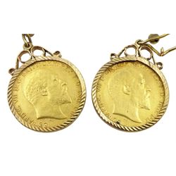 Pair of King Edward VII 1910 gold half sovereign coins, loose mounted as earrings