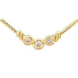  Gold bezel set round brilliant cut diamond trilogy necklace stamped 14kt diamonds = 0.6 carat  