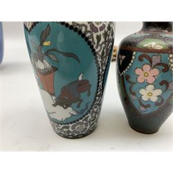 Pair of Chinese cloisonne vases on wooden stands, together with two small examples, tallest example H18cm 