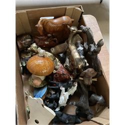 Two boxes of animal figures to include mainly ceramic and composite examples, to include horses, birds, dogs etc
