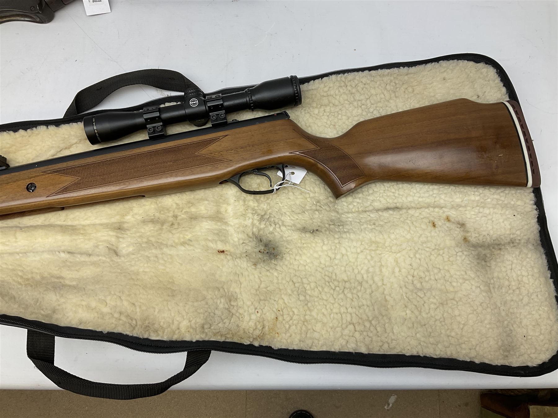 Hatsan Model 60S .22 air rifle with break-barrel action and Hawke 4 x 32 telescopic sight L115cm; in Field Sport fleece lined gun sling