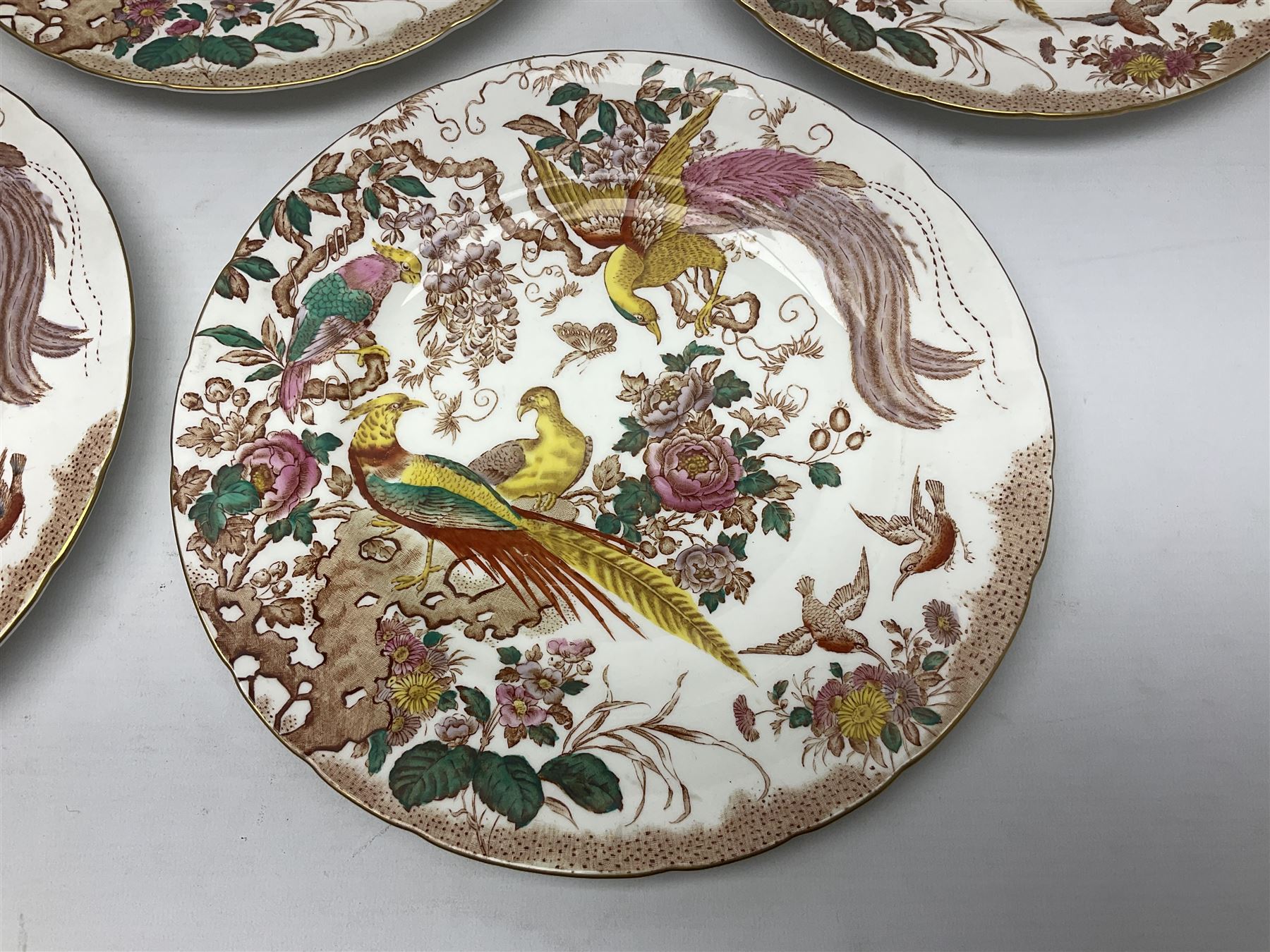 Five early 20th century Royal Crown Derby Olde Avesbury pattern dinner plates, decorated with oriental pheasants, butterflies and other birds amongst flowering branches, with impressed and printed marks to reverse, D26.5cm