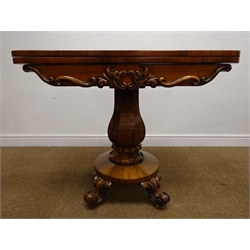  William IV rosewood folding tea table, carved frieze, single column, carved cabriole feet, W92cm, H75cm, D90cm  
