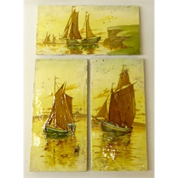  Three Victorian tiles, painted with fishing boats off the coast, 30cm x 15cm (3)  