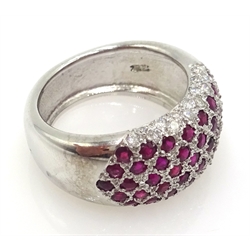  18ct gold ruby and diamond bombe ring with diamond edging, hallmarked  