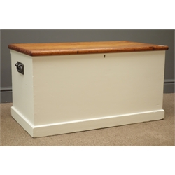  Painted pine blanket box, hinged lid, metal carrying handles, white finish sides, W89cm, H48cm, D48cm  