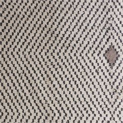 Contemporary Beni Ourain style wool rug, woven with a cream field and dark brown geometric chevron lattice, centred by repeating small diamond medallions, with short fringe ends