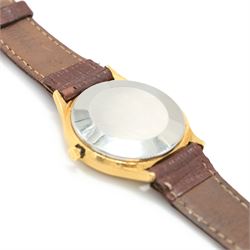 Omega De Ville gentleman's gold-plated and stainless steel quartz wristwatch, baton hour markers with date aperture, case No. 192.0027, on brown leather strap