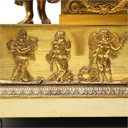 Empire period-gilt brass early 19th century French figural mantel clock c1820, the case surmounted with a figure of Ceres the Roman goddess of plenty holding a cornucopia overflowing with fruit and corn, supported on a rectangular plinth base with depictions of putti representing the arts and labour, movement case with floral garlands and a leaf and ribbon dial bezel, convex white enamel dial with moon hands and short Roman numerals, with a  Parisian 8-day twin-train countwheel striking movement and silk suspension, striking the hours and half-hours on a bell.
With pendulum and key. 