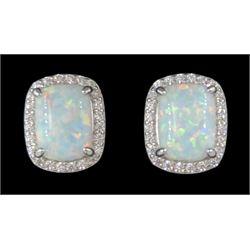 Pair of silver rectangular opal and cubic zirconia stud earrings, stamped 925 