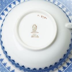 Wedgwood Lynn pattern blue and white tea service comprising eleven cups and saucers, twelve plates, milk jug, sugar bowl and two bread and butter plates