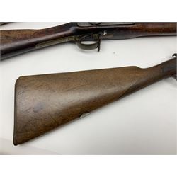 19th century Indian .577 Enfield muzzle loading rifle, proofed for 26-bore, the 98.5cm barrel with three barrel bands and later ram rod L140cm overall; 19th century Belgian side-by-side double barrel percussion shotgun, approximately 20-bore, with 74cm barrels and studded walnut stock, lock plate marked 'Liege 1868' and 'V. Gulikers-Maquinay' L117cm overall; and another side-by-side double barrel shotgun by Smythe with underlever opening (3)