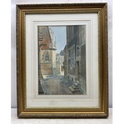 A J Robertson (British 19th Century): 'Holy Trinity - Falaise Normandy', watercolour signed, titled on original label; Walter Schroder (British 19th/20th Century): Church Altar and Interior, watercolour signed; together with a Norman Jackson watercolour and another print max 47cm x 35cm (4)