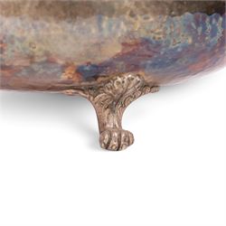 Arts & Crafts silver plated pedestal bowl with hammered decoration by JBC & S Co, together with pair of candlesticks, twin handled dish and other silver plate 