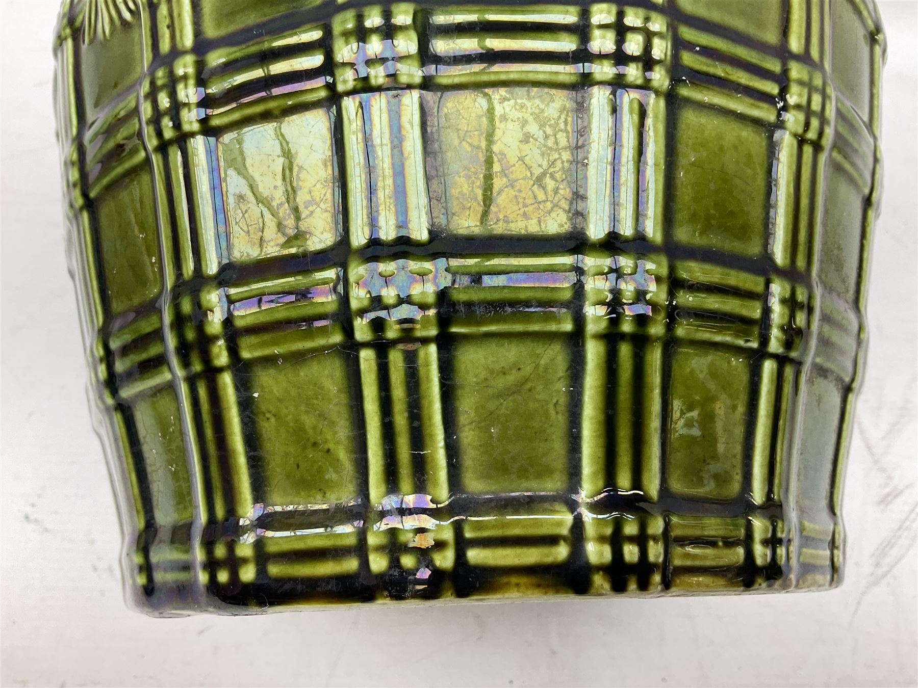 Three jardinières comprising West German Gerz example decorated in relief, Doulton Slaters example with frilled everted rim and a majolica example, and a further two Arthur Wood majolica jugs (5)