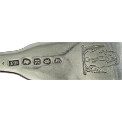 George III silver berry spoon by Solomon Hougham, London 1801 and a George III silver fork, fiddle pattern with bright cut floral decoration by Thomas Wilkes Barker, London 1805, approx 4.5oz