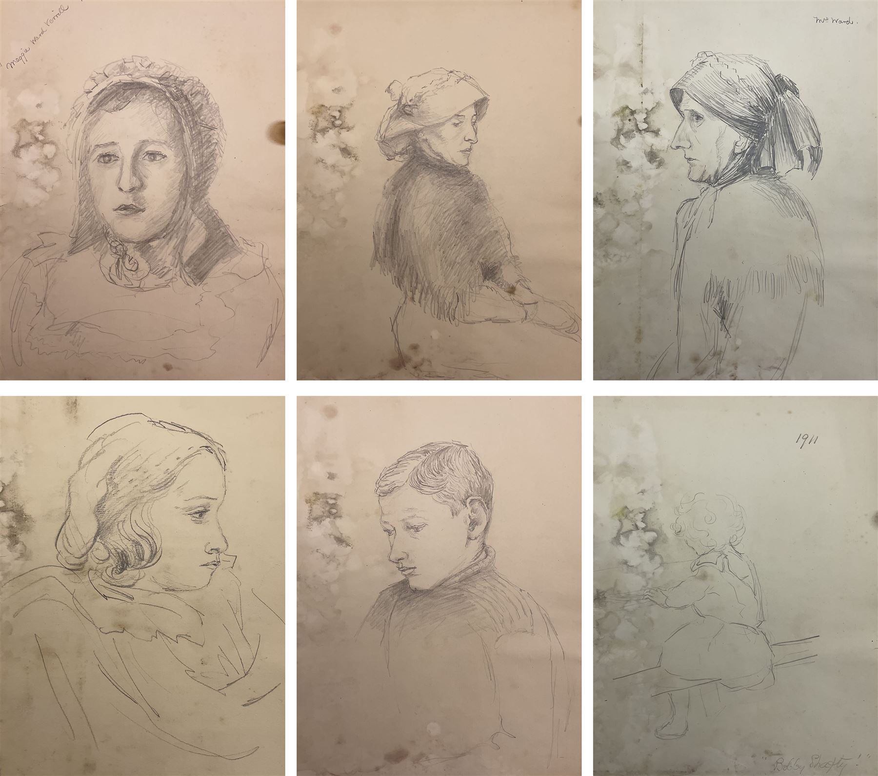 Attrib. Harold Knight (Staithes Group 1874-1961): 'Maggie Ward Verrill' 'Mrs Hannah Ward' et al., six pencil sketches unsigned some titled 26cm x 20cm (6) (unframed) 
Provenance: Hannah Ward was the vendor's great great grandmother and Margaret Verrill, Hannah's daughter. The Ward/Verrill families who lived in Gun Gutter and Church Street Staithes, had connections with Harold Knight. Hannah who owned three or four cobles and several properties in Staithes probably features in several of Knight's paintings.