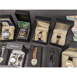 Collection of wristwatches including Accurist chronograph, Gamages automatic, six Krug-Baumen diamond, Minster, Halcyon Days, Seconda, Lorus etc