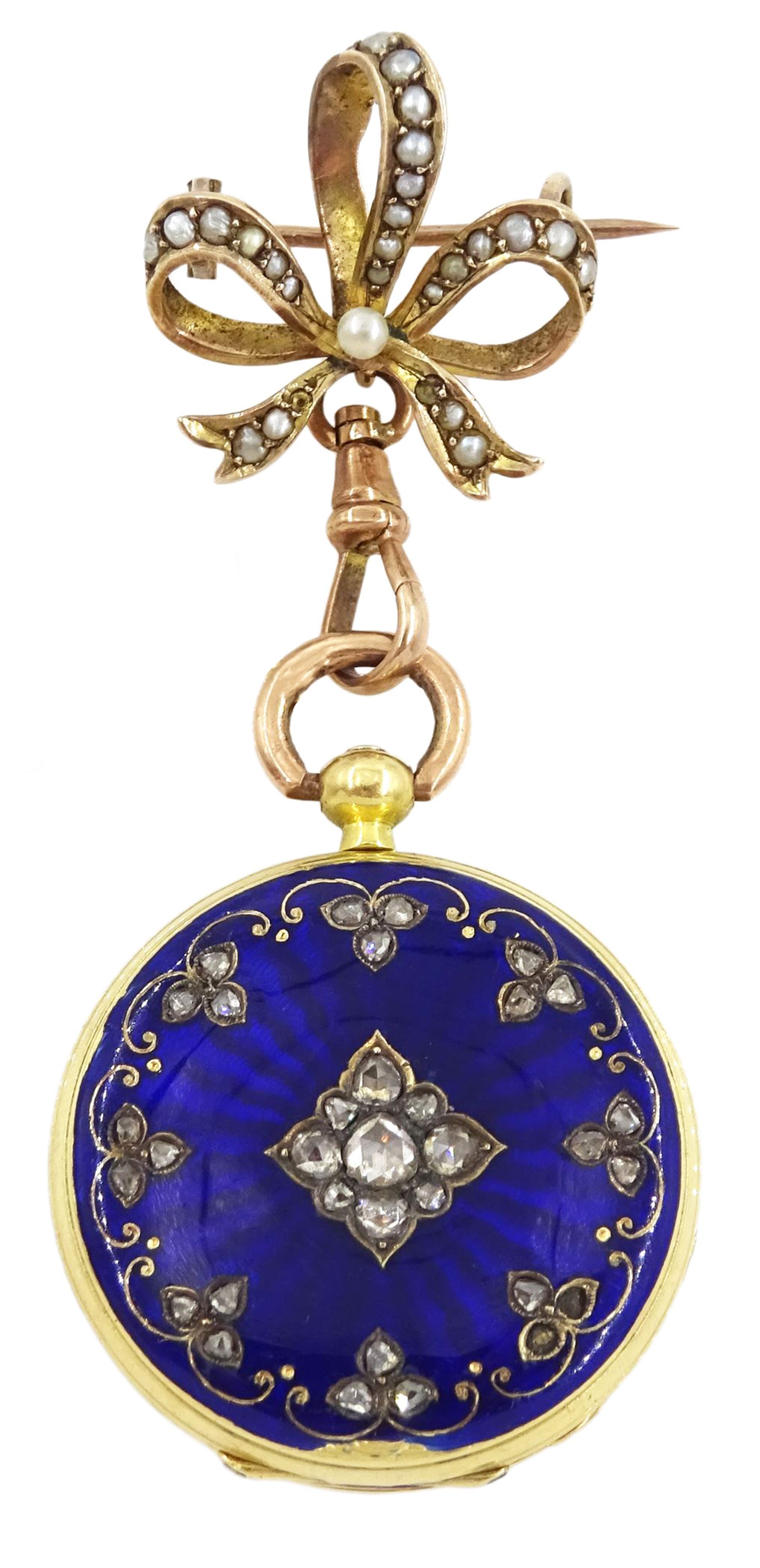 19th century French 18ct gold full hunter key wound cylinder ladies fob watch, the inner dust cover engraved 'Chs Oudin Bte Palais Royal 52 No. 16239..', white enamel dial with Roman numerals, guilloche blue enamel and diamond outer case, eagle hallmark, with gold split seed pearl bow brooch
