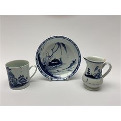 Three pieces of 18th century Liverpool Richard Chaffers porcelain, comprising saucer decorated with waterside hut beneath a willow, circa 1758-1760, D13cm, sparrow beak jug decorated with two figures and a pagoda, circa 1756-60, H8cm, and a coffee cup decorated in the Angled bridge pattern, H6cm
