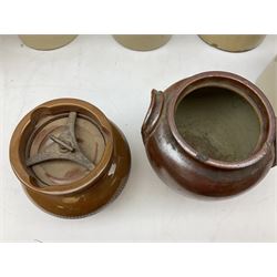 Quantity of salt glazed stoneware flagons, two tone jars and jug etc, to include some with impressed marks and labels, largest H26cm