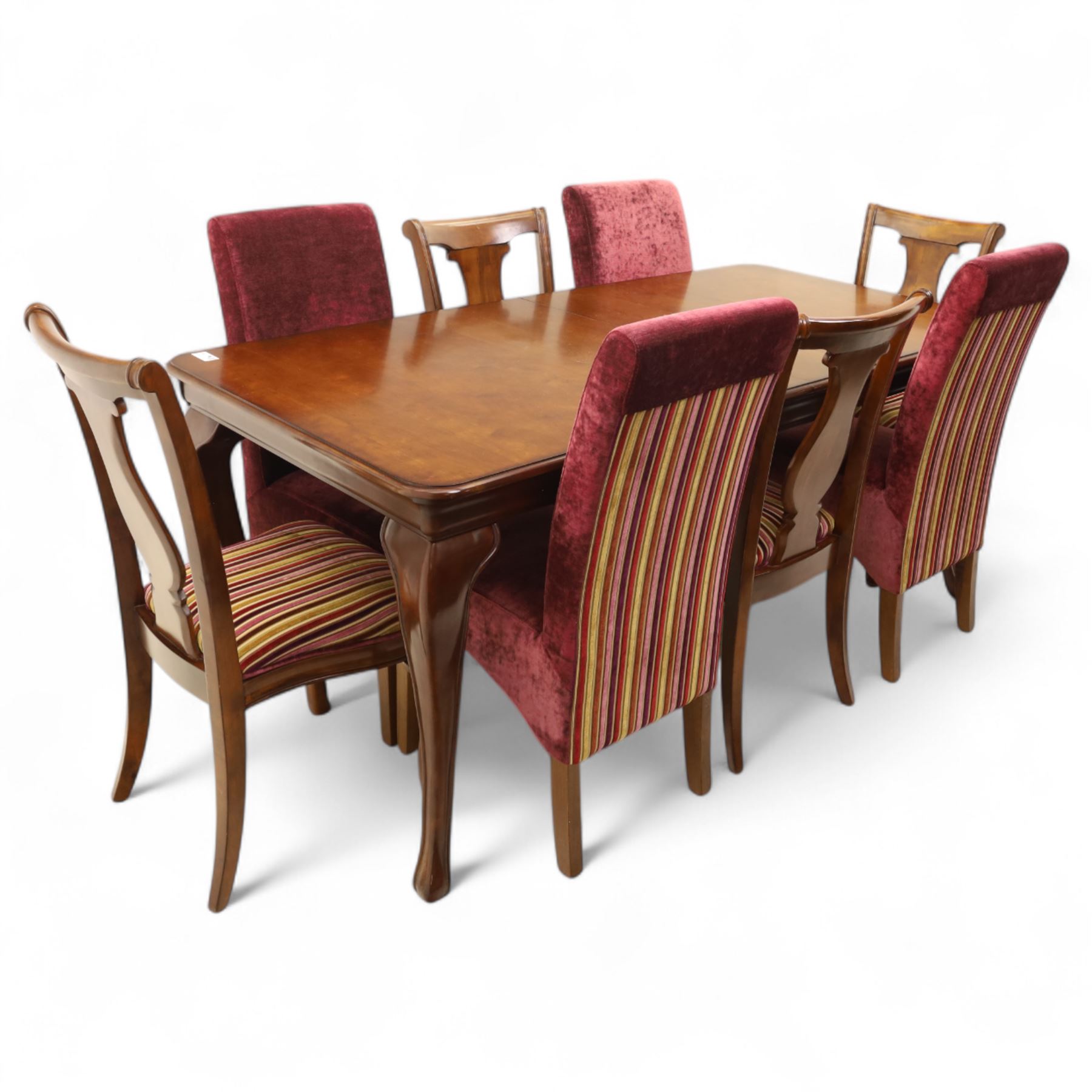 Willis & Gambier - mahogany extending dining table, rectangular top with rounded corners on cabriole legs, with two 35cm extension leaves, four Willis & Gambier upholstered high back chairs and four mahogany chairs, upholstered in a stripped multi-coloured velvet fabric, with scroll-shaped top rail, lyre-shaped back splat on cabriole legs, chairs W46xD91x97cm (11) 