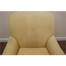  Laura Ashley Howard style armchair, upholstered in a gold patterned fabric, turned supports, brass castors, W90cm  