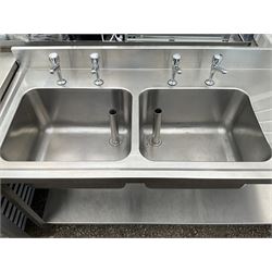 Commercial stainless steel double sink and drainer, hot and cold taps, under-tier shelf, two waste barrel plugs - THIS LOT IS TO BE COLLECTED BY APPOINTMENT FROM DUGGLEBY STORAGE, GREAT HILL, EASTFIELD, SCARBOROUGH, YO11 3TX