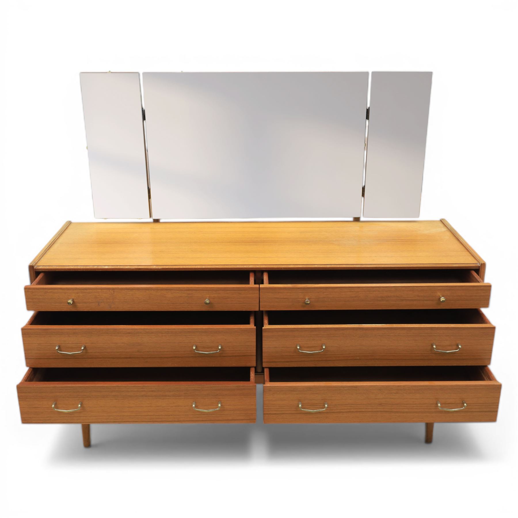 Golden Key By Palatial Ltd - mid-20th century teak dresser, three part mirror above a rectangular top, with six drawers with brass handles and pulls, upon splayed tapering legs 