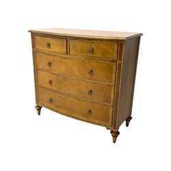 Frank Hudson - mid-20th century Mindi ash and burr walnut 'Spire' bow-fronted chest, featuring a crossbanded top over two short and three long cockbeaded drawers, raised on turned supports  
