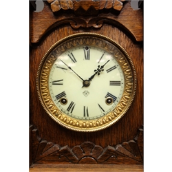 19th century oak architectural cased 'Ansonia Tivoli' mantel clock, 8-day movement with enamel dial, H38cm  