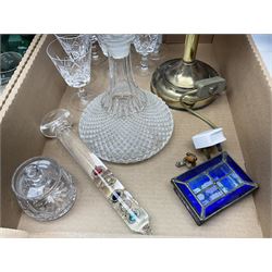 Quantity of glassware to include Mats Jonasson koala paperweight, set of six Stuart drinking glasses, seven green wine glasses with ovoid bowls, decanter, brass lamp etc