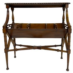 Early 20th century Chippendale design mahogany booktrough, top-tier with gadrooned edge, the trough fitted with trapezoid fretwork dividers, raised on ring turned supports united by X-stretcher 