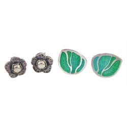 Pair of  silver flowerhead stud earrings by Georg Jensen No. 2002 and pair of Glazzard Lundsten silver enamel stud earrings
