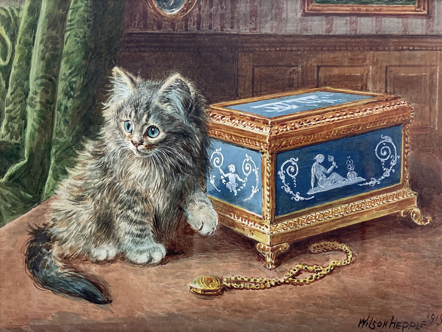 Wilson Hepple (British 1854-1937): Kitten with the Jewellery Box, watercolour signed and dated 1915, 27cm x 35cm